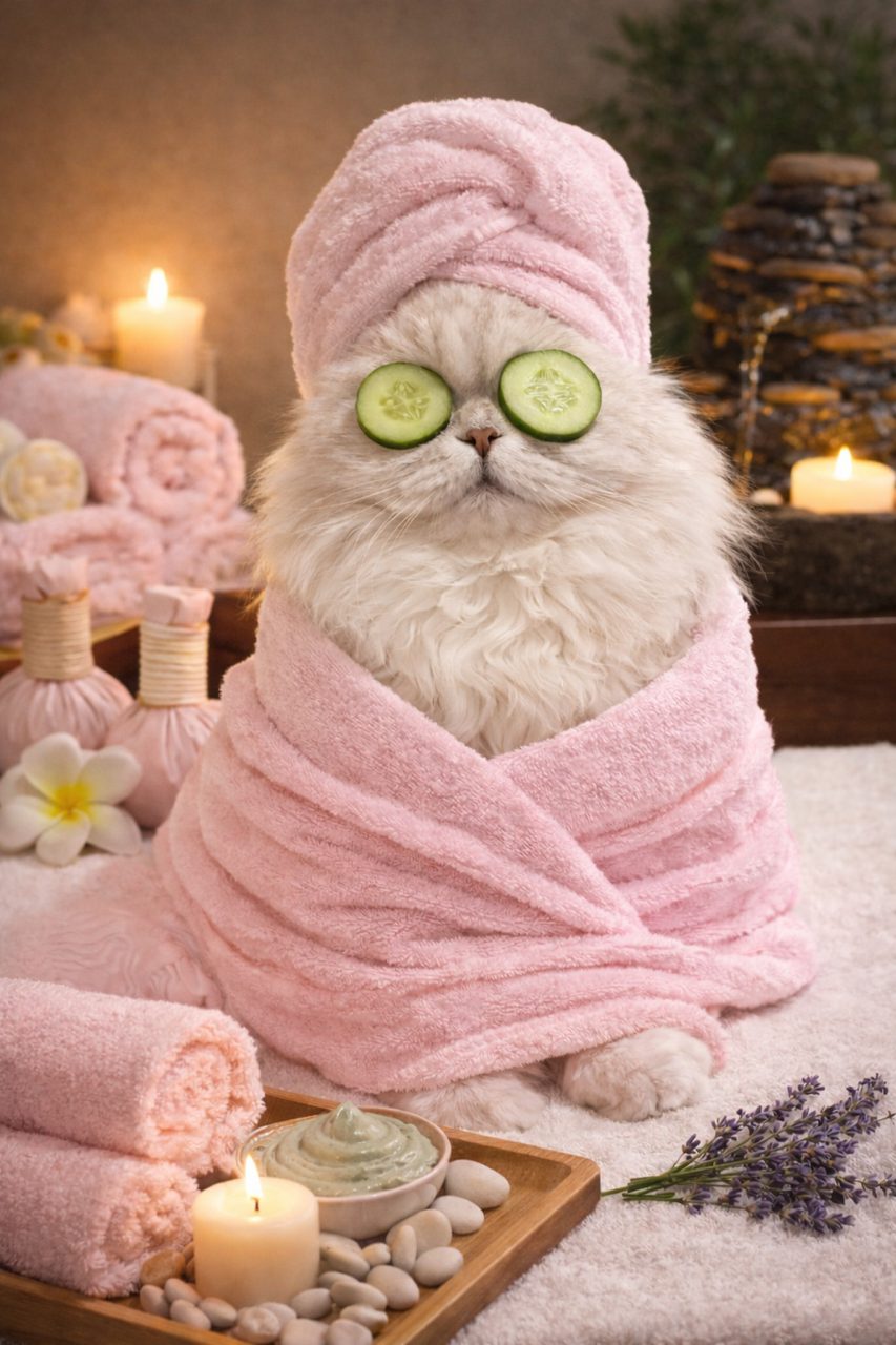 Cat relaxing after a grooming session at The Luxe Pet Spa in North Haledon, NJ