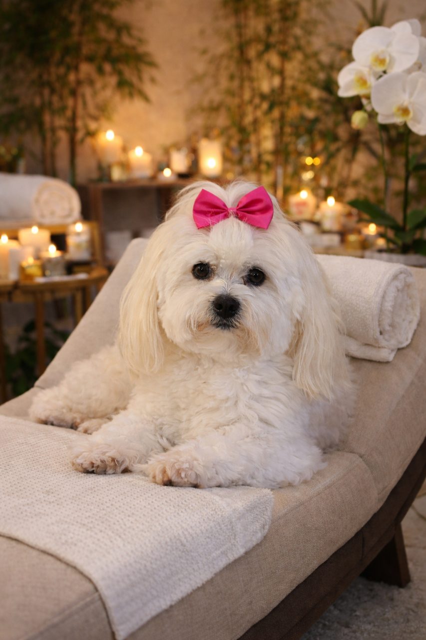 Groomed dog wearing a bow at The Luxe Pet Spa salon, 569 High Mountain Rd, North Haledon NJ